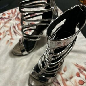 Used Fashionova silver metallic high heeled strappy sandals